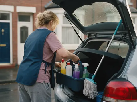 A cleaner loading a caddy of cleaning products into the boot of a car