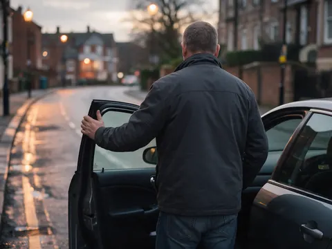 A driver at the open door of a car on a wet street at dusk