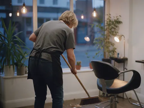 A hairdresser sweeping up in a small salon at the end of the day