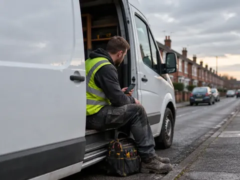 A tradesperson sitting in the side door of a white van, checking a phone