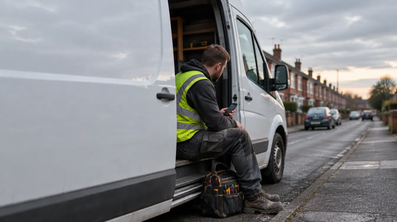 A tradesperson in a hi-vis vest sits in the side door of a white van on a terraced street at the end of the day, checking a phone.