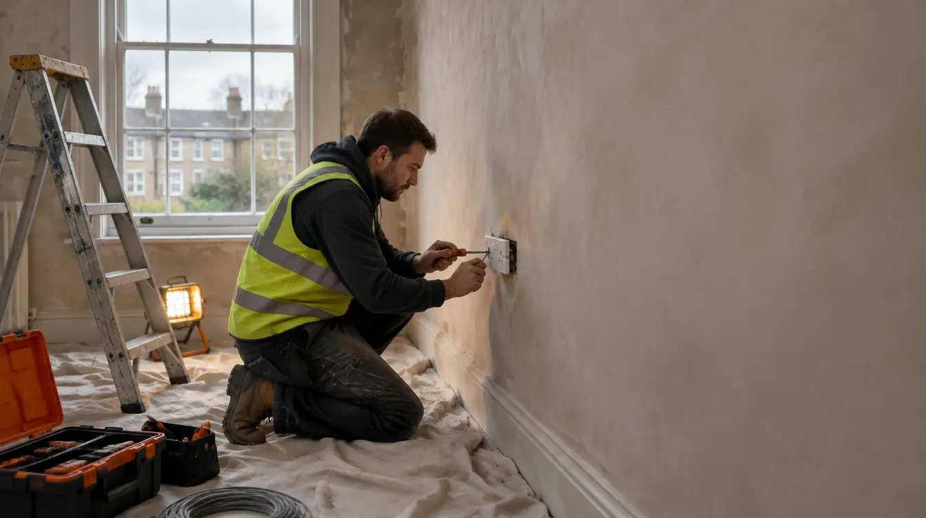 A tradesperson in a hi-vis vest kneels on dust sheets fitting a double socket in a house being renovated.